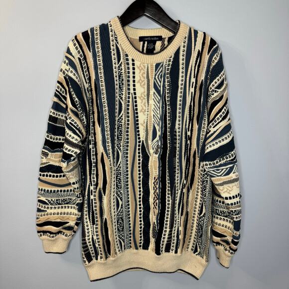 North Wales Vintage 3D Knit Textured Crewneck Sweater Beige Blue Multi Men's XL - Picture 1 of 11